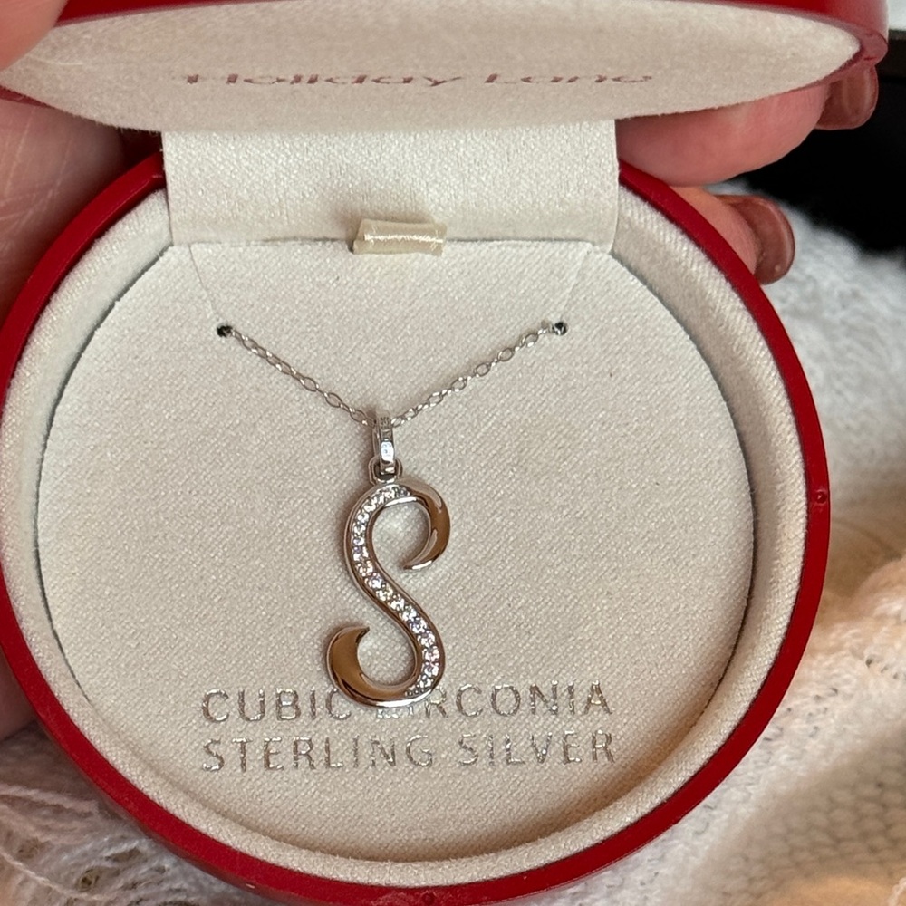 Holiday Lane Sterling Silver and Cubic Zirconia Letter S Necklace!  NWT w/box
